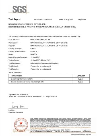 Paper Cup certificate of Ningbo Becol Stationery & Gifts Co., Ltd. – certificate photo, supplier certificates section