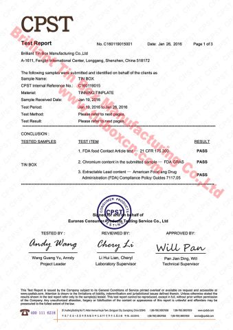 FDA Certificate of Tin Box certificate from Brilliant Tin Box Manufacturing Co., Ltd.