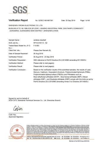 RoHS certificate from Guangdong Yiroka Technology Co., Ltd