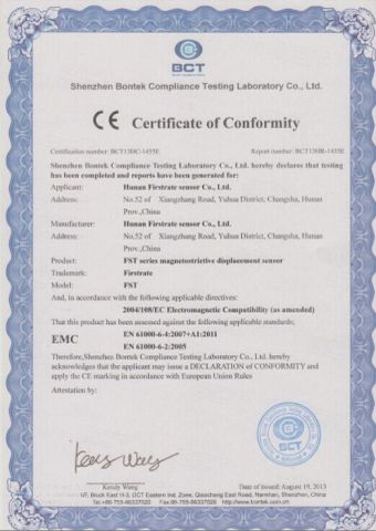 CE certificate of EMC Directive certificate from Hunan Firstrate Sensor Co., Ltd.