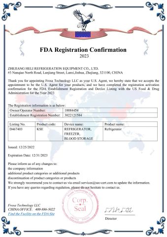 FDA certificate from Zhejiang Heerxin Refrigeration Appliance Technology Co., Ltd.