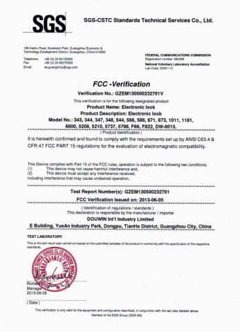 FCC certificate from Douwin Int'l Industry Limited