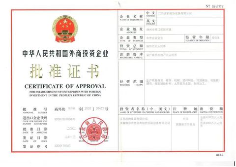 License Photo certificate from JIANGSU HUBAO GARMENT & ORNAMENTS DEVELOPMENTS CO., LTD.