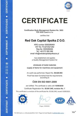 ISO 4210 certificate from Red Oak Capital Spolka ZOO