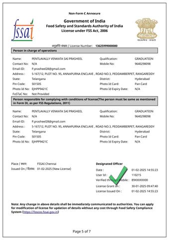FASSAI certificate of PSRK GLOBAL TRADE – certificate photo, supplier certificates section