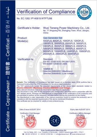 CE-Gas Generator Set certificate from Wuxi Powermax Renewable Energy Technology Co., Ltd