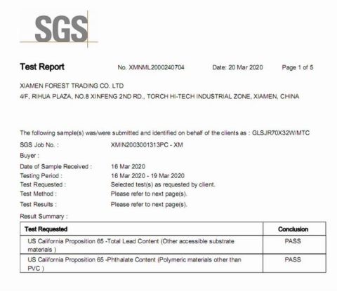 PROP 65 Testing-Environmental certificate certificate from DSC Xiamen Enterprise Pte Ltd.
