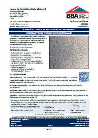 BBA certificate from Jiangsu Canlon Building Materials Co., Ltd.