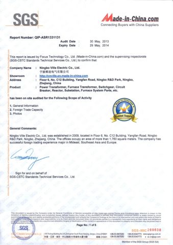 SGS certificate certificate from Ningbo Ville Electric Co., Ltd.