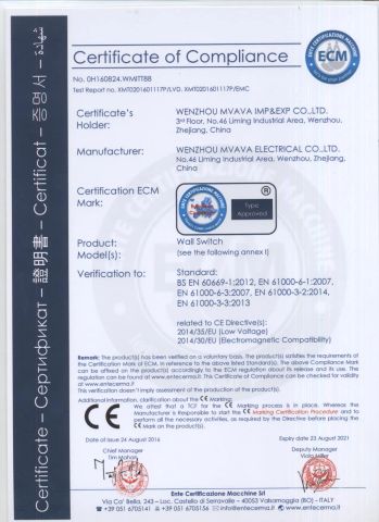 CE certificate from Wenzhou Mvava Electrical Technology Co.,Ltd