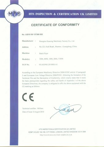 Certificate of Conformity certificate from Shantou Huaxing Machinery Factory Co., Ltd.