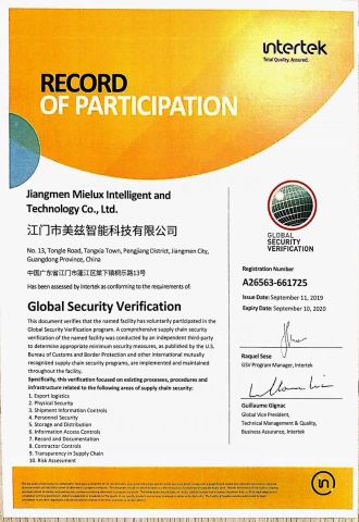 Global Security Verification certificate from Jiangmen Mielux Intelligent and Technology Co., Ltd.