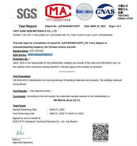 SGS Fire-resistant test:B1 certificate from LINYI JIASE NEW MATERIALS CO., LTD.