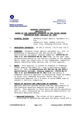 DOT-CA certificate from SHANGHAI RISEON INDUSTRY CO., LTD.