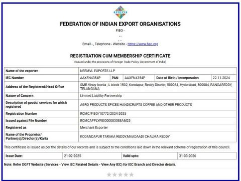 FEDERATION OF INDIAN EXPORT ORGANISATION certificate from Neemvl Exports LLP
