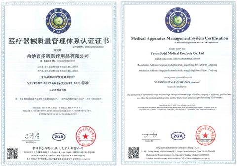 ISO13485 certificate from Yuyao Duode Medical Supplies Co., Ltd.