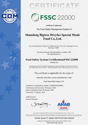 FSSC22000 certificate from Shandong Bigtree Dreyfus Special Meals Food Co., Ltd.