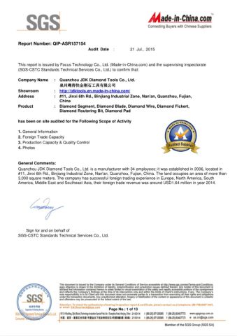 Supplier assessment report certificate from Quanzhou JDK Diamond Tools Co., Ltd.