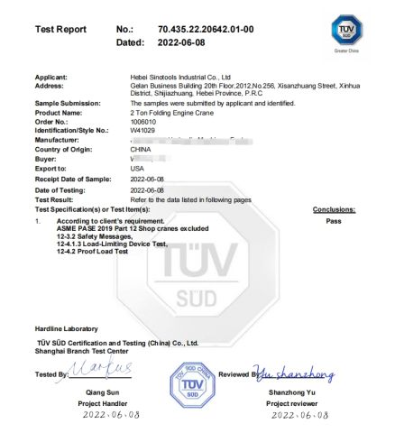 TUV SUD Mark certificate from Hebei Sinotools Industrial Co., Ltd.