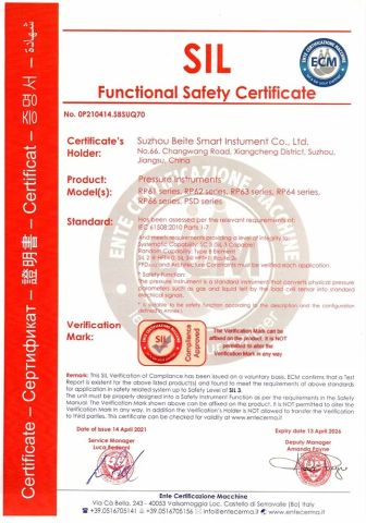 Pressure Instruments SIL certificate certificate from Suzhou Beite Smart Instrument Co., Ltd
