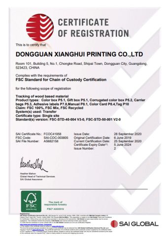 CERTIFICATE OF REGISTRATION certificate of DONGGUAN XIANGHUI COLOR PRINTING CO.,LTD. – certificate photo, supplier certificates section