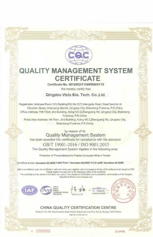 ISO 9001 certificate of Qingdao Vista Bio. Tech. Co., Ltd – certificate photo, supplier certificates section