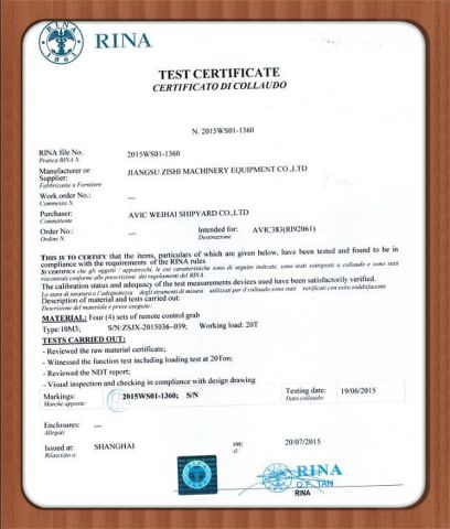 Grab BV CERTIFICATE certificate from Shanghai Enjue Machinery Equipment Co., Ltd.