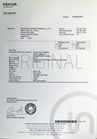 ITS inspection report certificate from QUANZHOU LONGHUA TRADING CO., LTD.