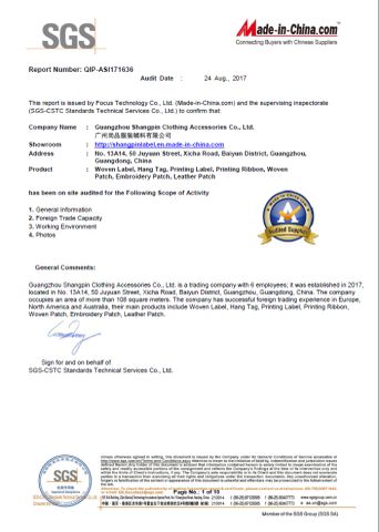 authentication by SGS certificate of Guangzhou Shangpin Clothing Accessories Co., Ltd. – certificate photo, supplier certificates section