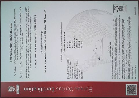 FSC CERTIFICATE certificate from Taizhou Melon Toys Co., Ltd