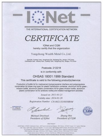 ISO 18001 certificate of YangZhong Wealth Metal Co., Ltd. – certificate photo, supplier certificates section