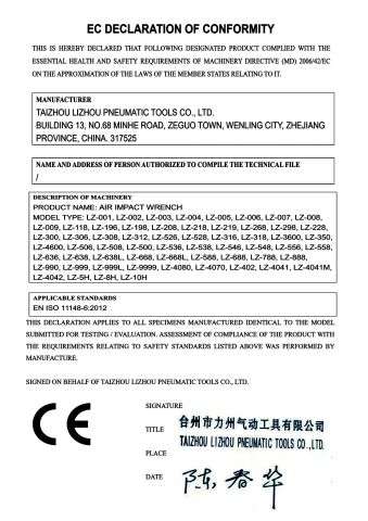 CE9 certificate from TAIZHOU LIZHOU PNEUMATIC TOOLS CO., LTD.