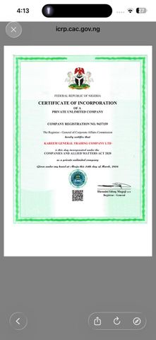 KAREEM GENERAL TRADING COMPANY LTD certificate from KAREEM GENERAL TRADING COMPANY LTD