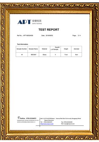 APT Product Test Report certificate from Shenzhen Bright Glassware Co., Ltd.