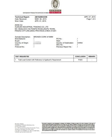 Test Report for Cork Granules certificate of Xi'an Senmeng Cork Co., Ltd – certificate photo, supplier certificates section