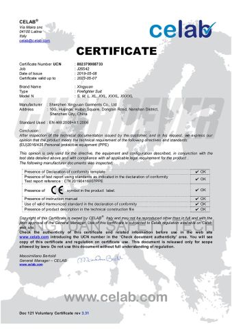 EN 469 certificate from Shenzhen Xingyuan Safety Technology Co., Ltd.
