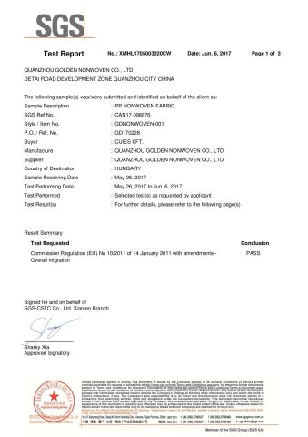 SGS certificate of Quanzhou Golden Nonwoven Co., Ltd. – certificate photo, supplier certificates section