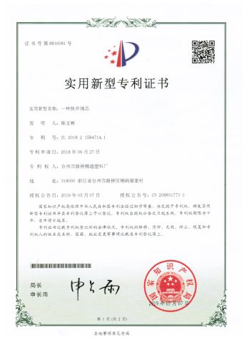patent certificate from Taizhou Luqiao Jingyue Plastics Factory
