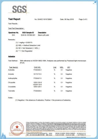 Asbestos-free test certificate from D&A Rubber Industries Ltd.