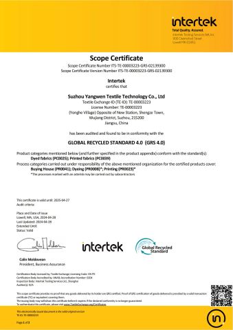 Certificates certificate from Suzhou Yangwen Textile Co., Ltd
