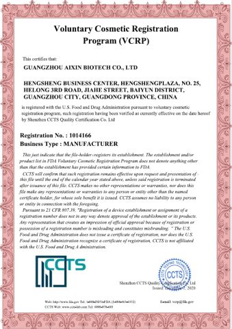 Company FDA certificate from Guangzhou Aixin Cosmetic Co., Ltd.