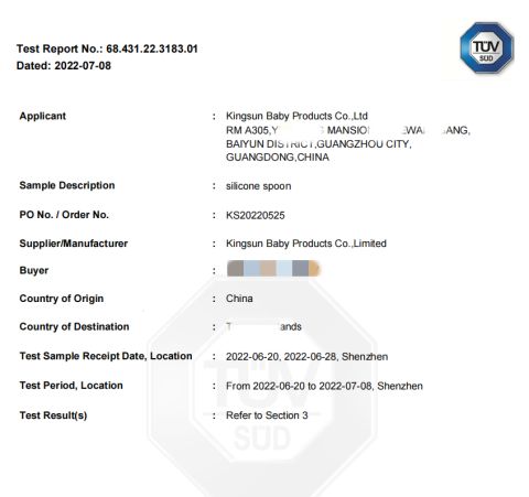 Product Inspection Report certificate from Kingsun Baby Products Co., Ltd.