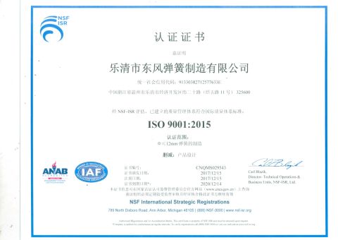 ISO9001 certificate from Yueqing Dofo Spring Manufacturing Co., Ltd.