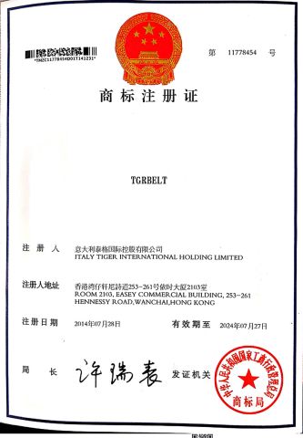 Trademark of TGRBELT certificate from TIGER(XIAMEN)X-M CO., LTD.