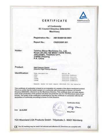 HIGH PRESSURE WASHER CE certificate from Taizhou Baisen Machinery Technology Co., Ltd