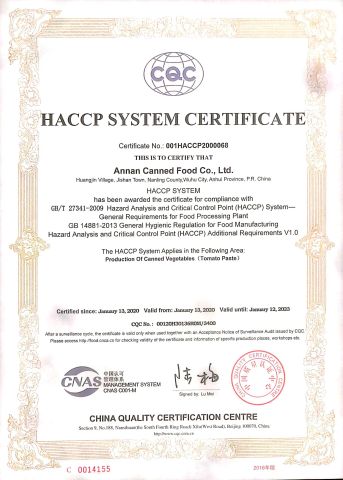 HACCP certificate of ANNAN FOOD CO.,LTD – certificate photo, supplier certificates section