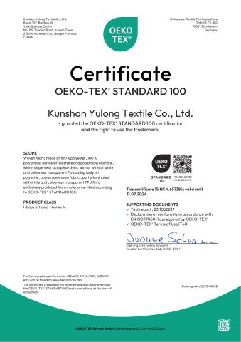 OEKO-TEX STANDARD 100 certificate from Kunshan Yulong Textile Co., Ltd.