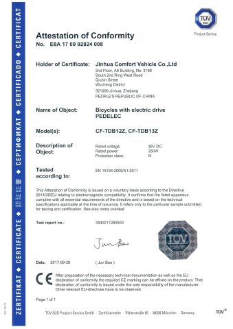 CF-TDB12Z,CF-TDB13Z 28inch Electric Bike CE certificate certificate from Jinhua Leichten Electric Technology Co., Ltd.