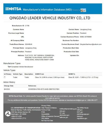 DOT certificate from Qingdao Leader Vehicle Industry Co., Ltd