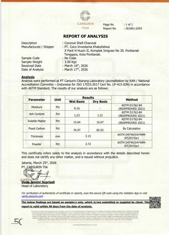 Surveyor certificate from PT Energy Prima Mytra Global